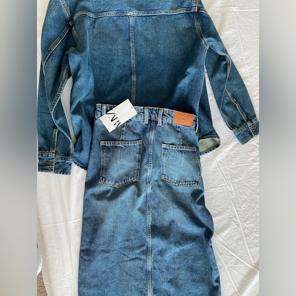Zara set Long front Slit Denim High waist Skirt & Jacket Indigo Dark Blue S NWT - Picture 14 of 16
